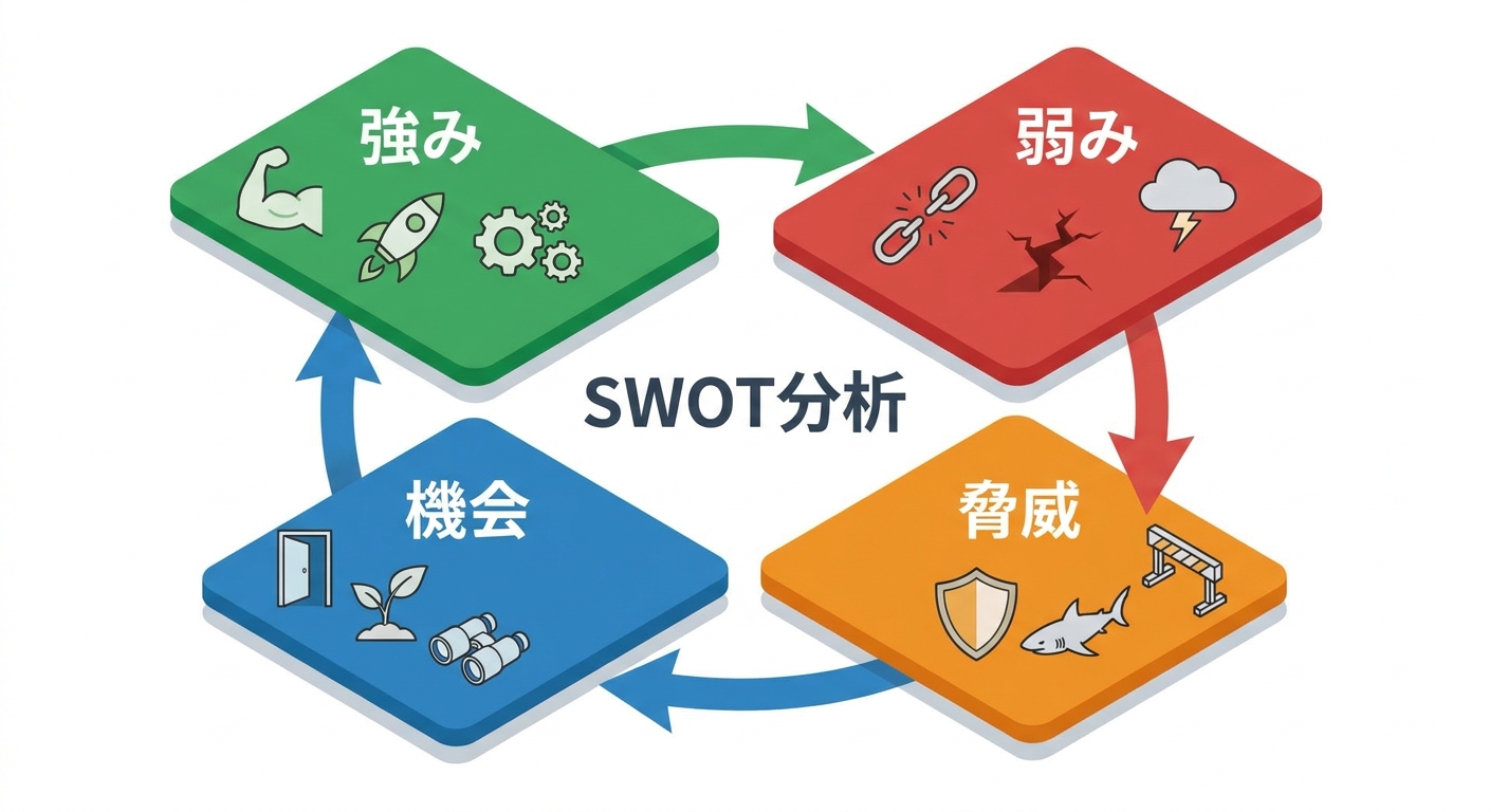 SWOT分析の4つの要素を図解したイメージ