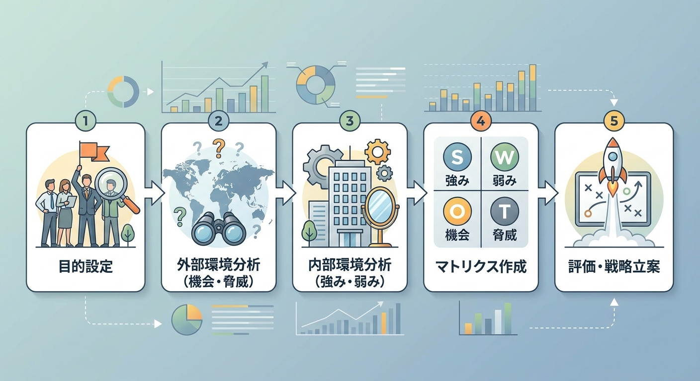 SWOT分析のステップを図解したイメージ